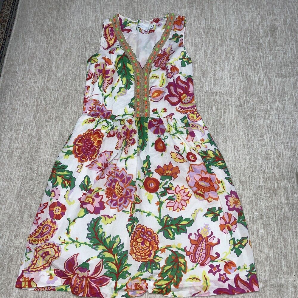 Vineyard Vines White Floral Midi Dress with Pink, Green, Orange Accents